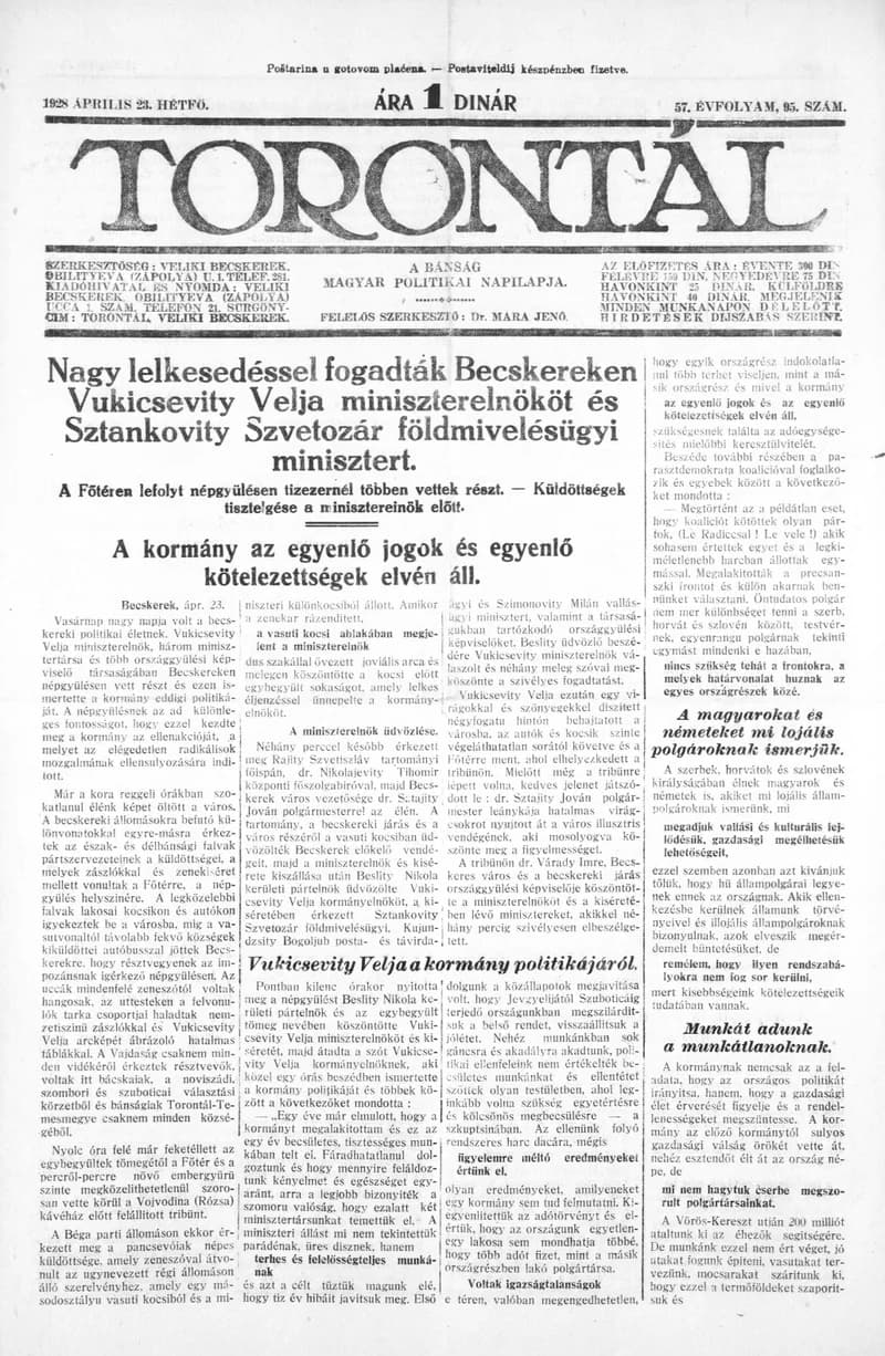 Torontál, 57. évf. 1928. április 23. 95. sz.