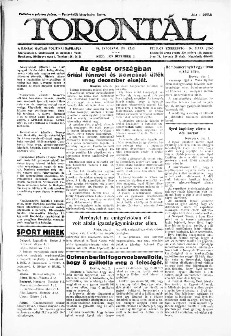 Torontál, 58. évf. 1929. december 3. 278. sz.