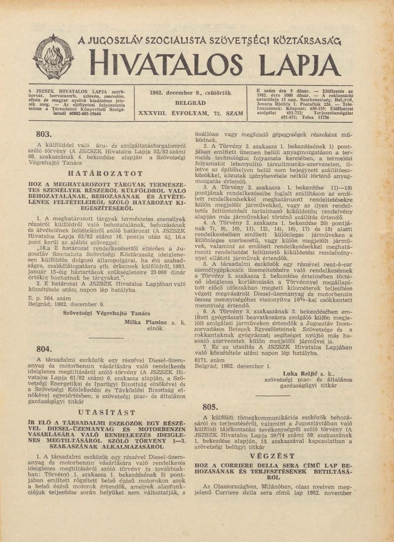 A Jugoszláv Szocialista Szövetségi Köztársaság Hivatalos Lapja, 38. évf. 1982. december 9. 73. sz. 1773–1780. oldal