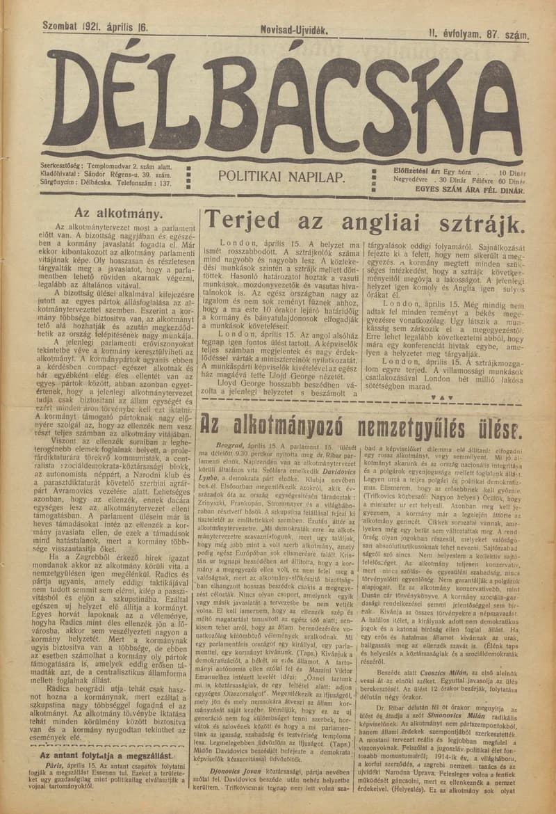 Délbácska, 2. évf. 1921. április 16. 87. sz.