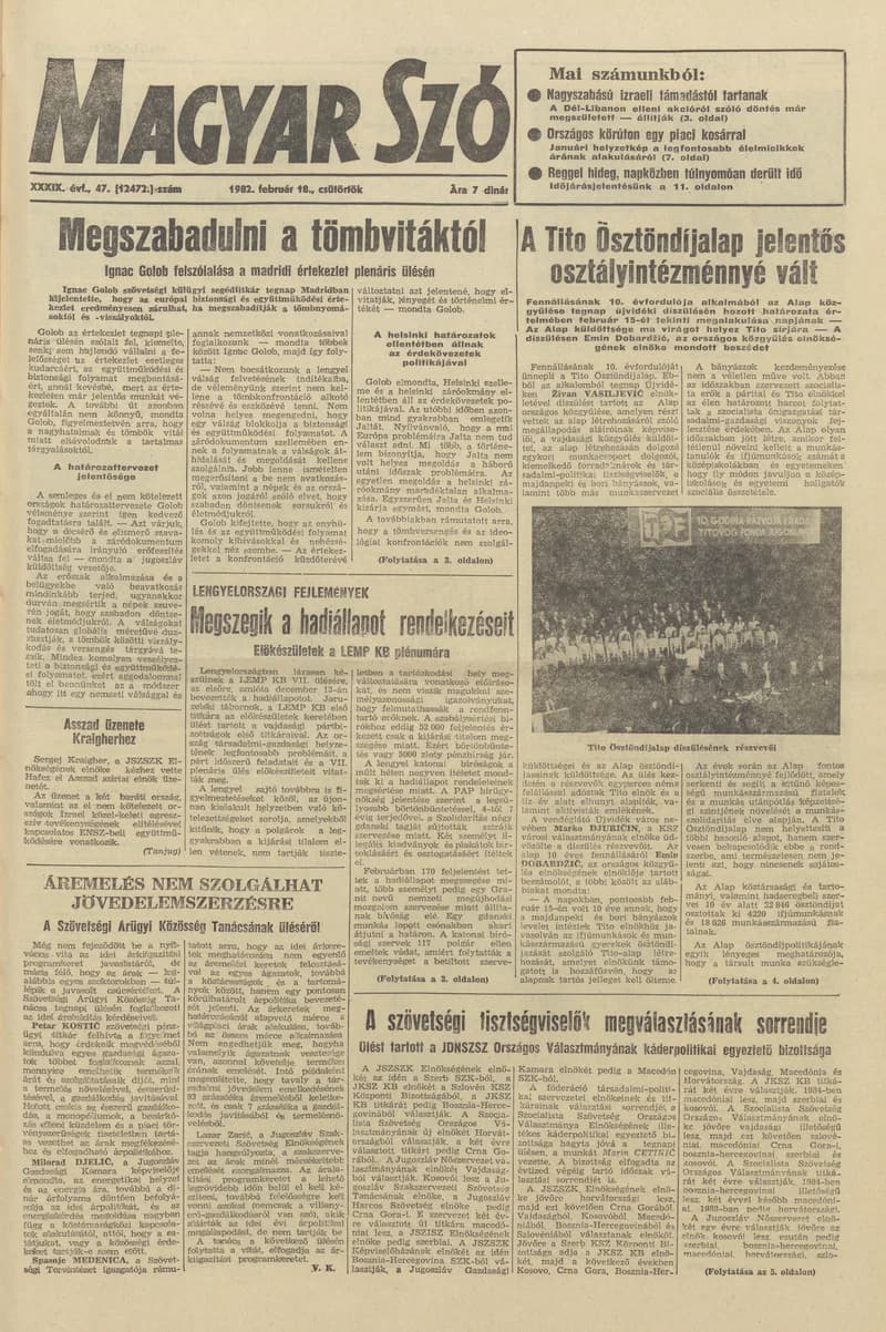 Magyar Szó, 39. évf. 1982. február 18. 47. sz. 1–20. oldal