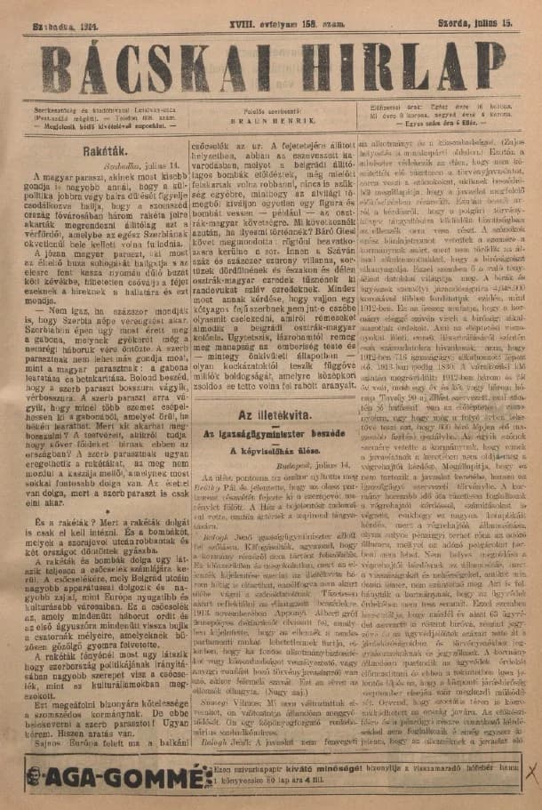 Bácskai Hirlap, 18. évf. 1914. július 15. 158. sz.