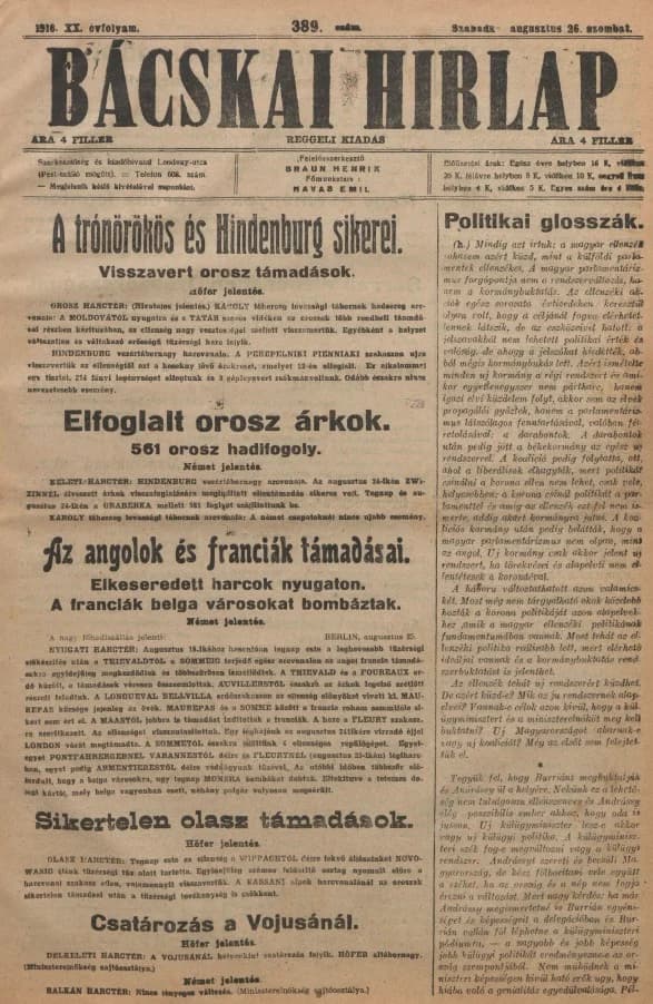 Bácskai Hirlap, 20. évf. 1916. augusztus 26. 389. sz.