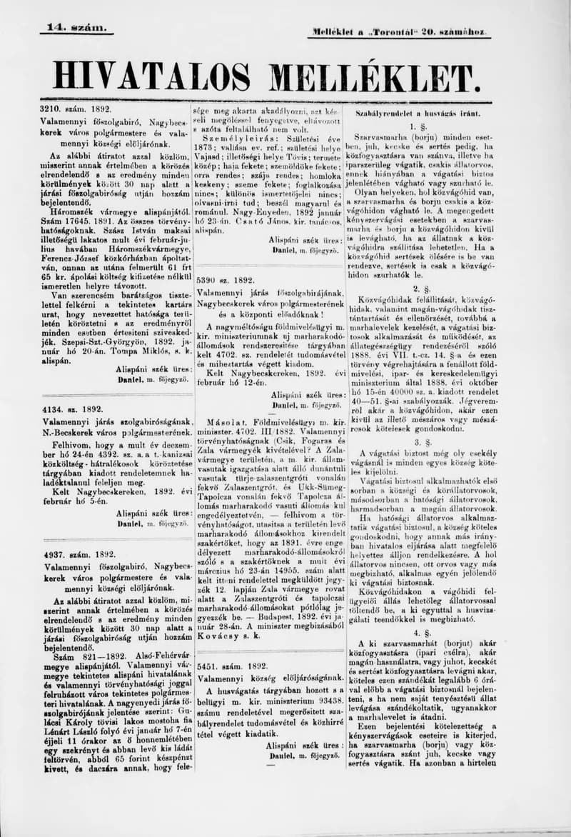 A Totontál  hivatalos melléklete, 5. évf. 1892. február 11. 14. sz.
