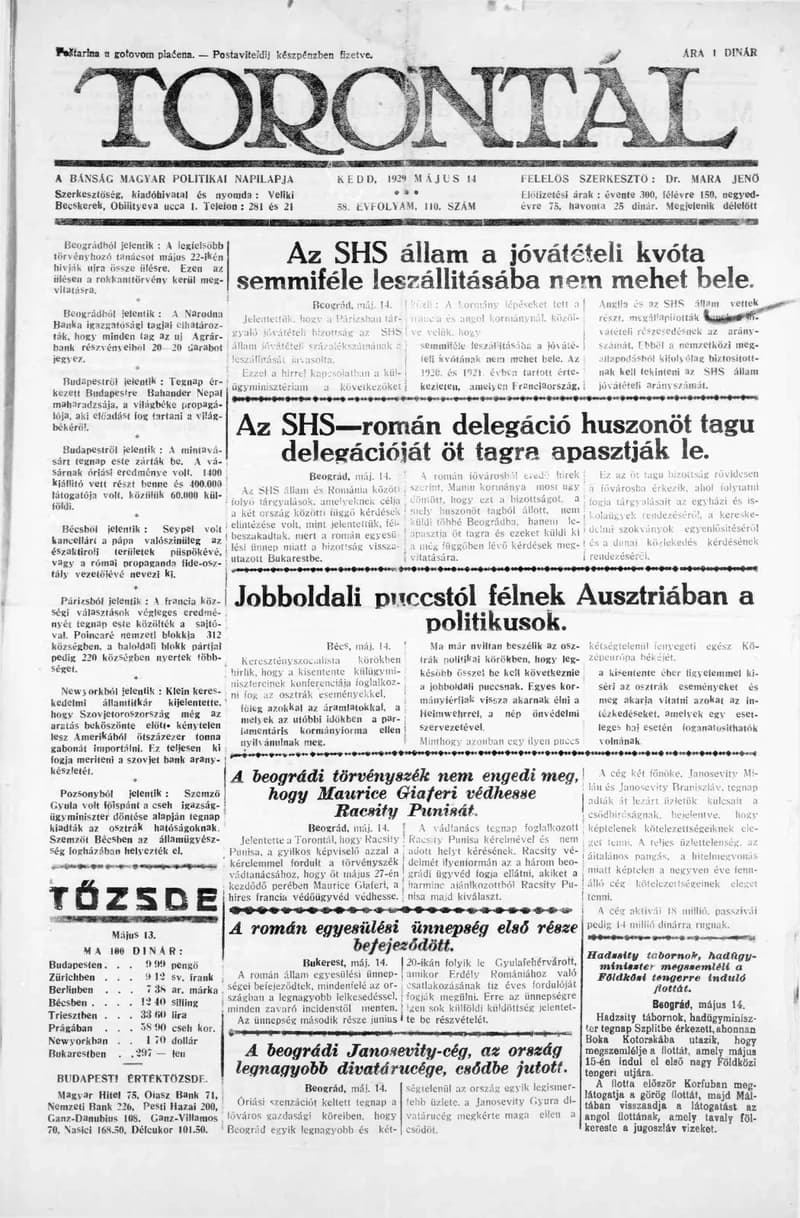 Torontál, 58. évf. 1929. május 14. 110. sz.