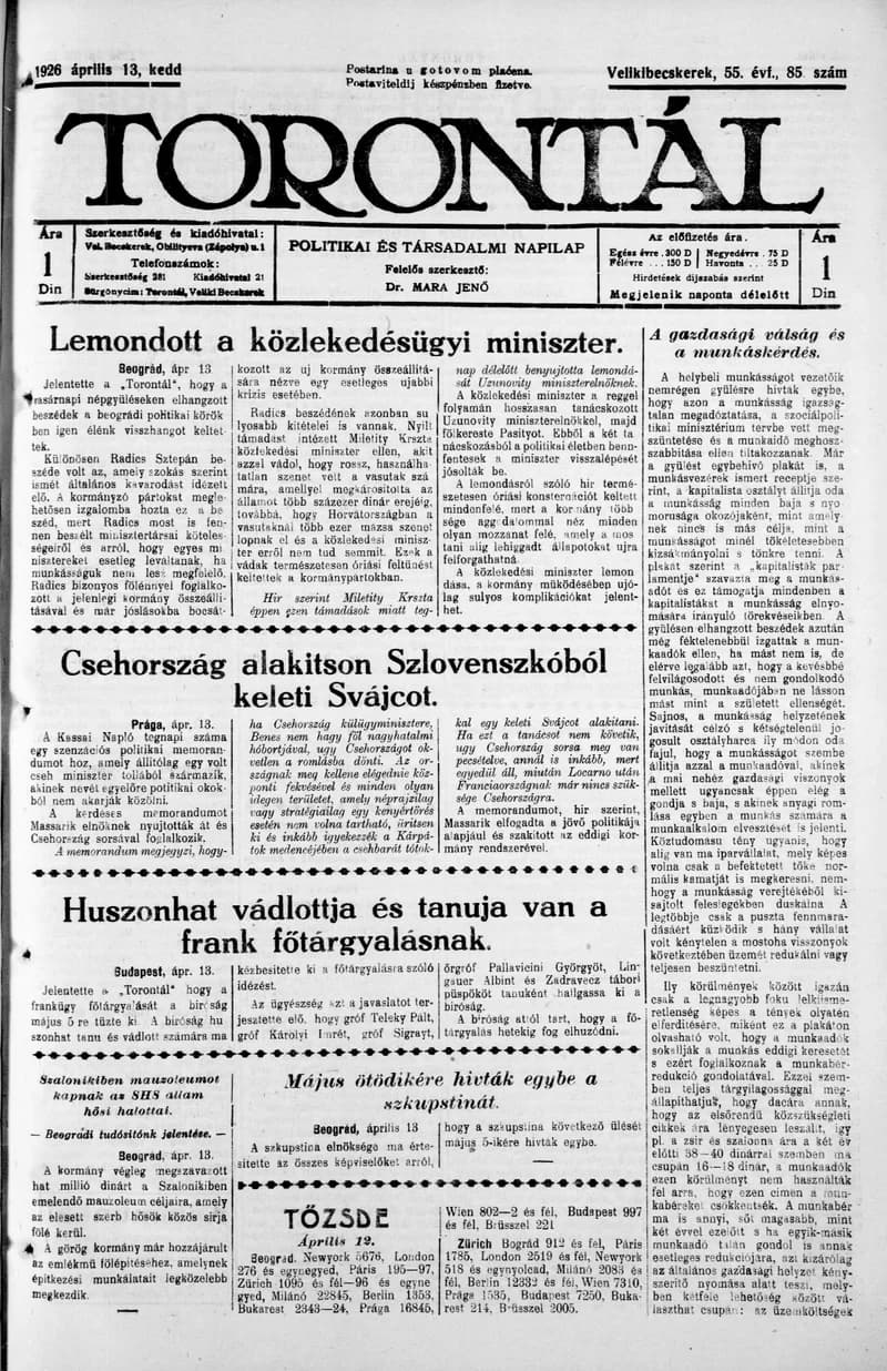 Torontál, 55. évf. 1926. április 13. 85. sz.