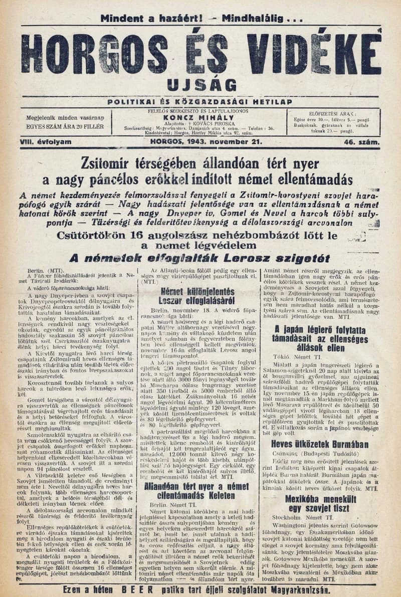 Horgos és vidéke, 8. évf. 1943. november 21. 46. sz.