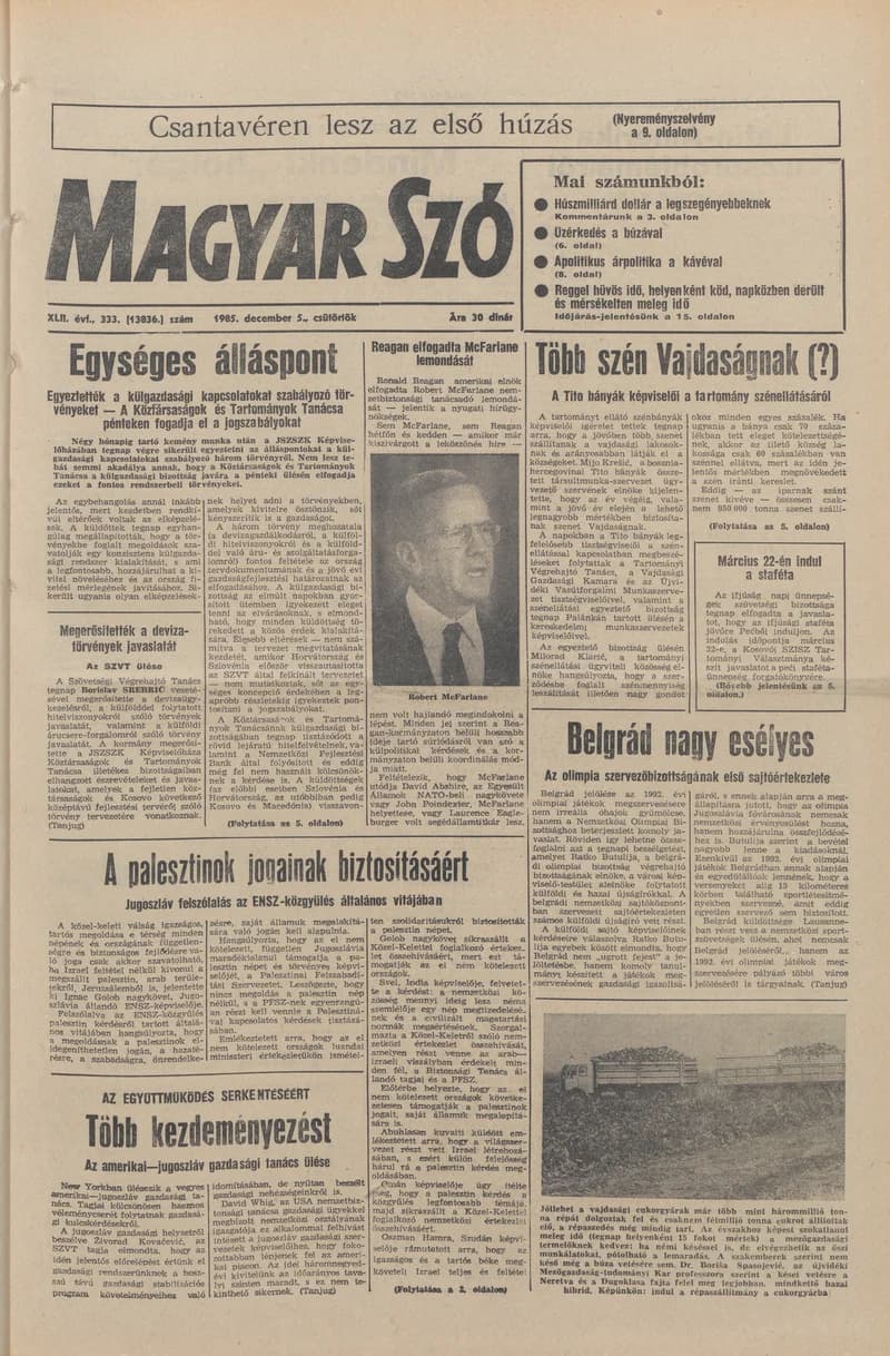 Magyar Szó, 42. évf. 1985. december 5. 333. sz. 1–20. oldal