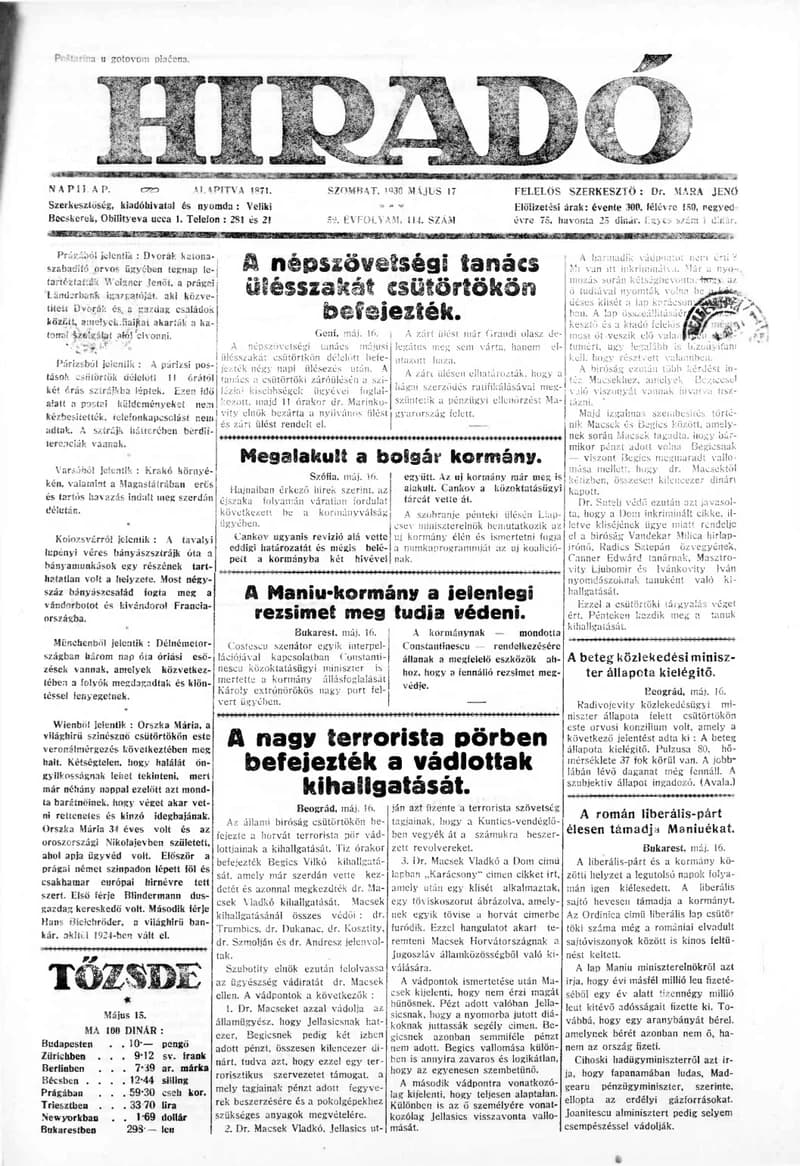 Híradó, 59. évf. 1930. május 17. 114. sz.