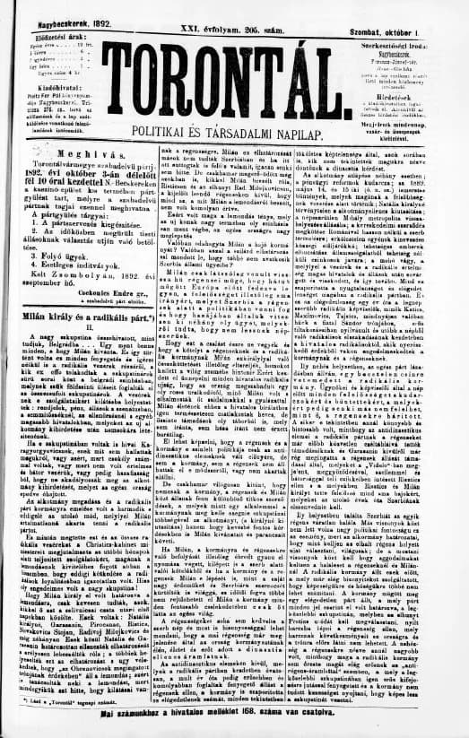 Torontál, 21. évf. 1892. október 1. 205. sz.