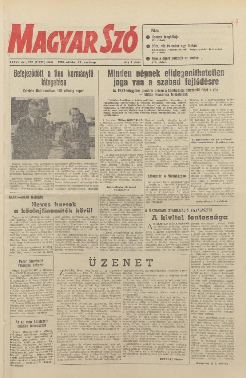 Magyar Szó, 37. évf. 1980. október 19. 289. sz. 1–28. oldal