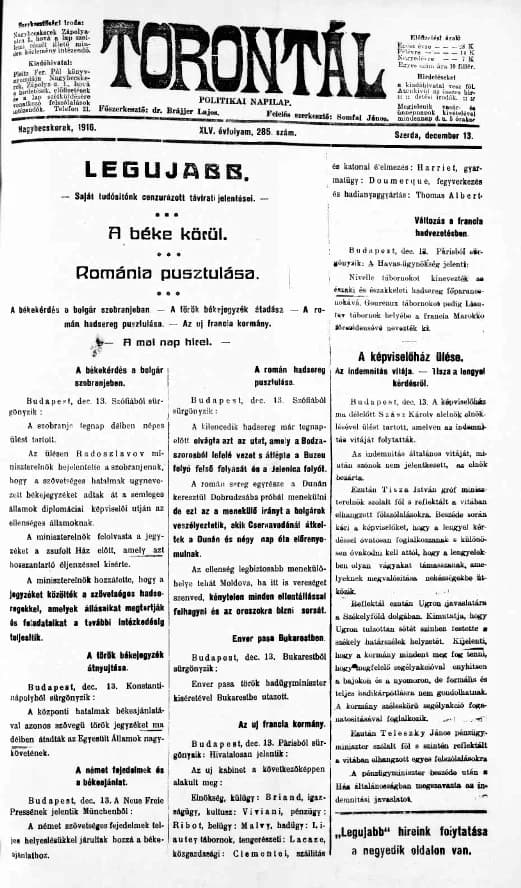 Torontál, 45. évf. 1916. december 13. 285. sz.