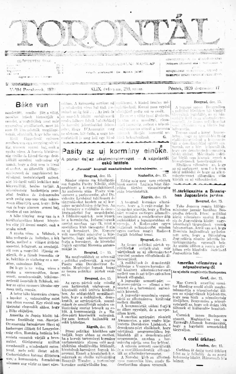 Torontál, 49. évf. 1920. december 17. 280. sz.