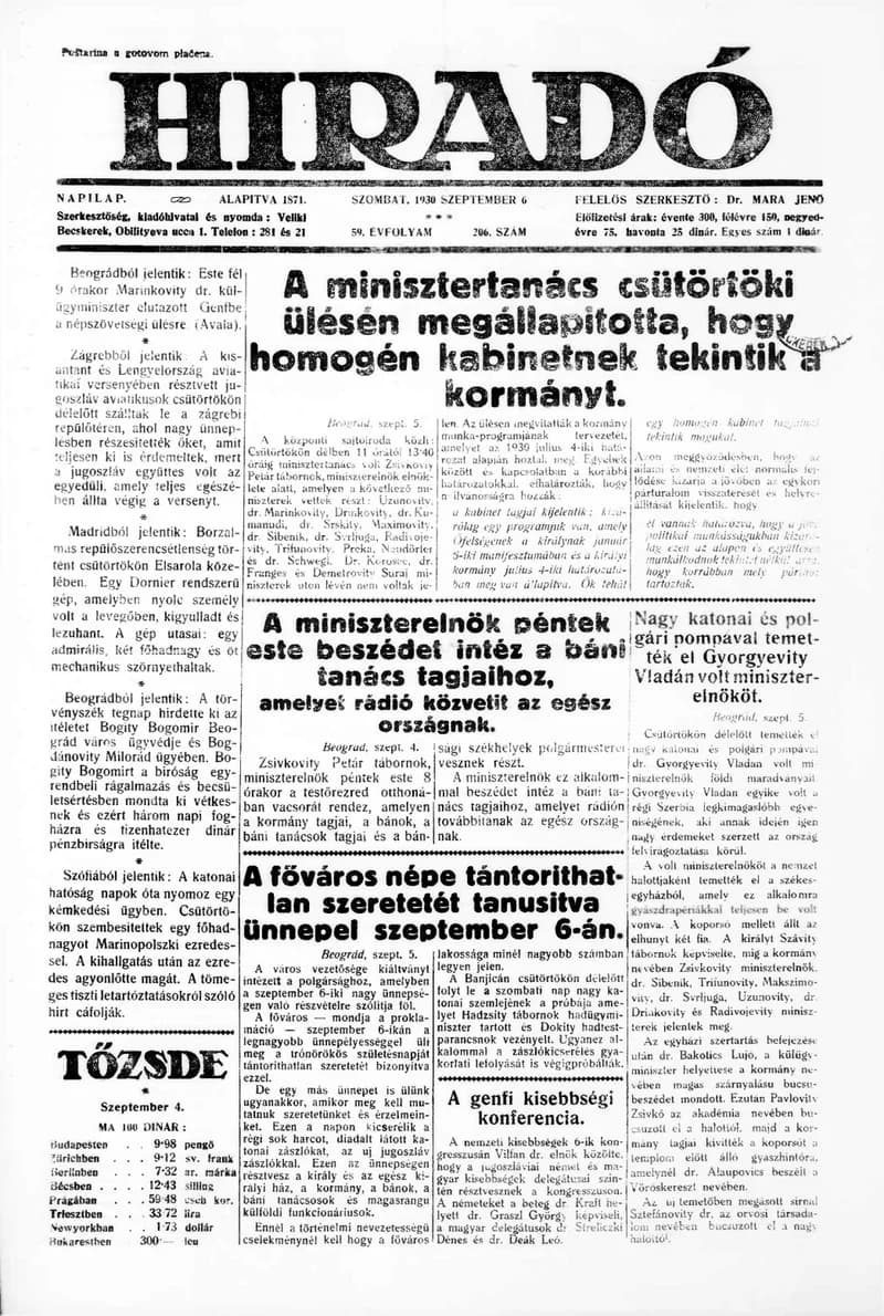 Híradó, 59. évf. 1930. szeptember 6. 206. sz.