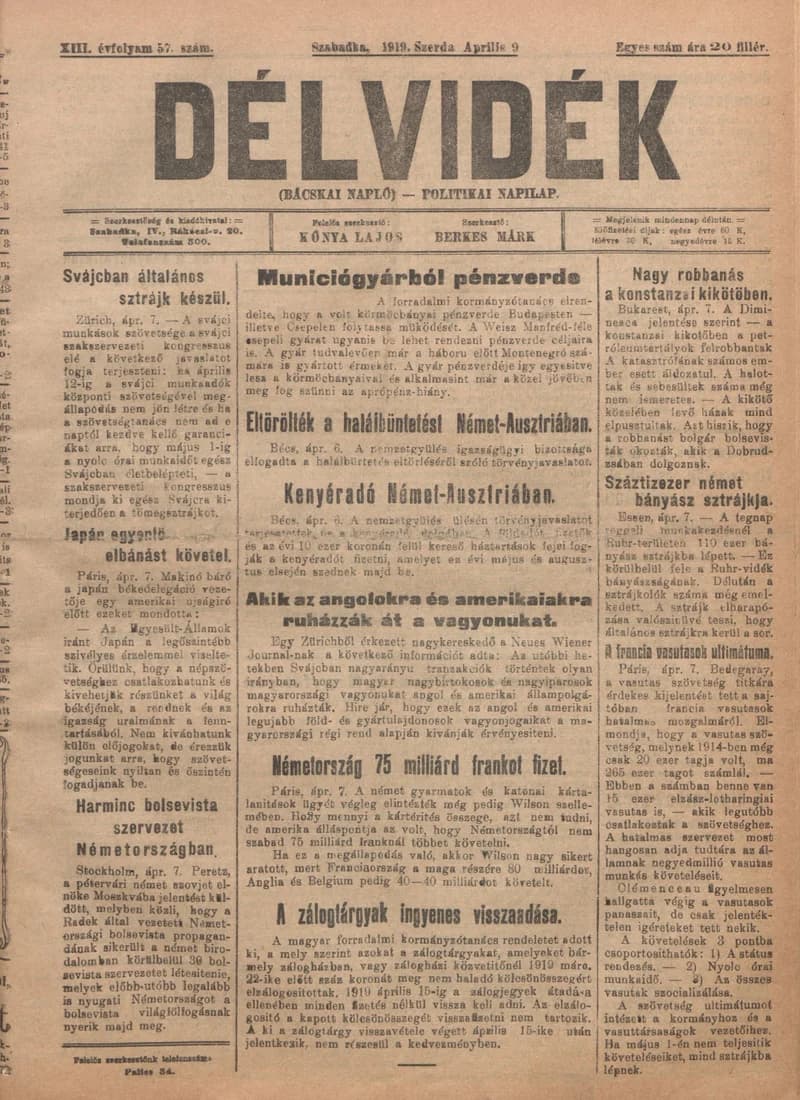 Délvidék, 13. évf. 1919. április 9. 57. sz.