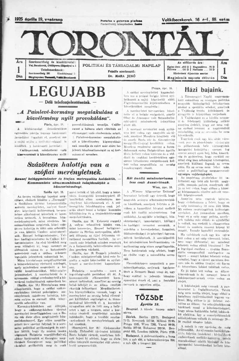 Torontál, 54. évf. 1925. április 19. 88. sz.