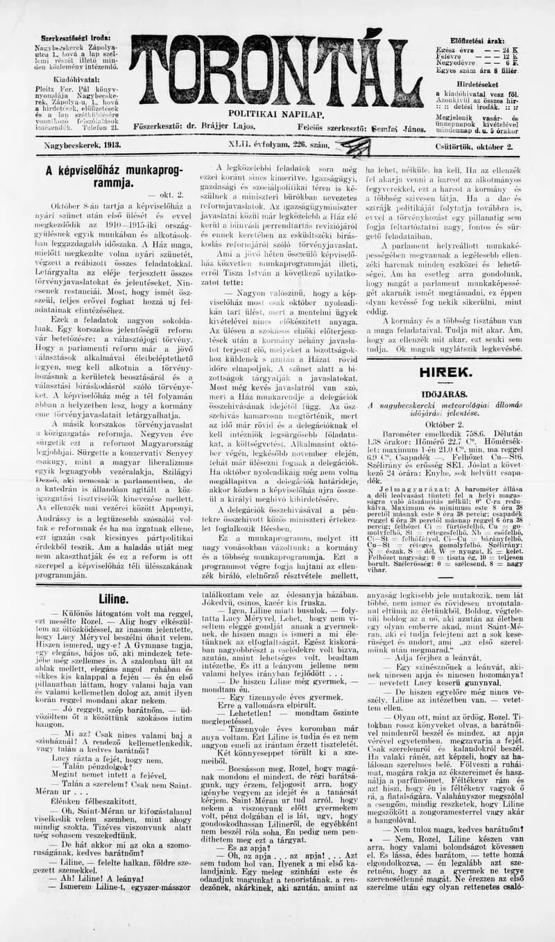 Torontál, 42. évf. 1913. október 2. 226. sz.