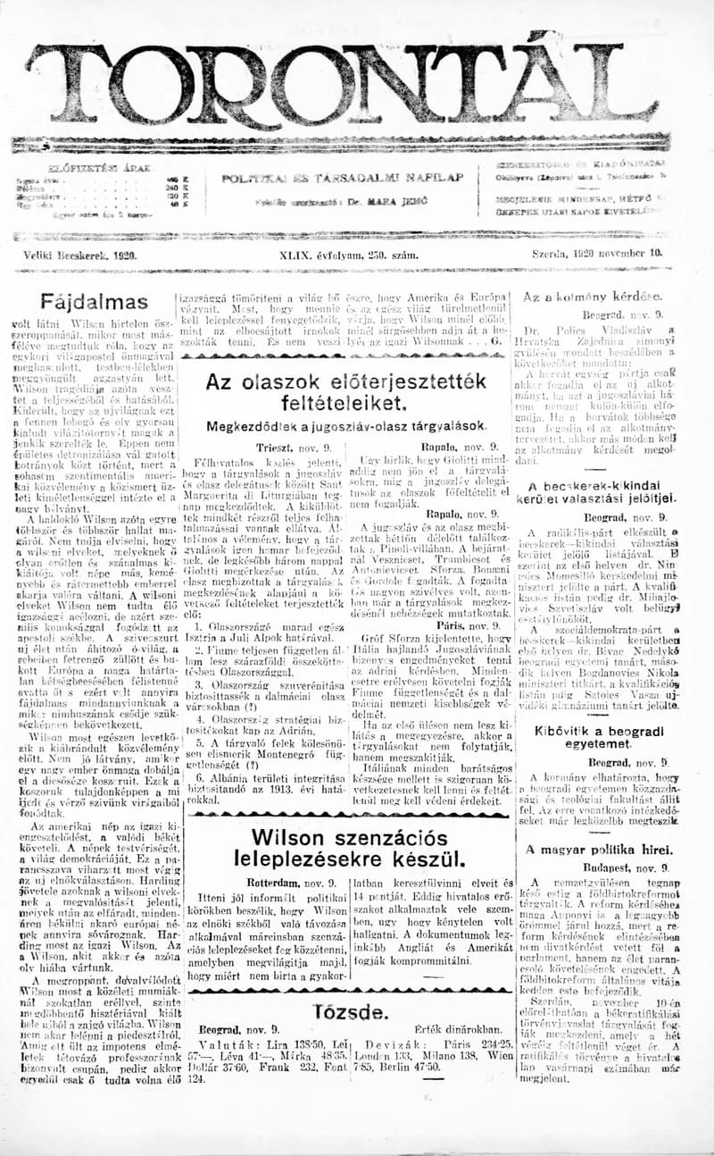 Torontál, 49. évf. 1920. november 10. 250. sz.
