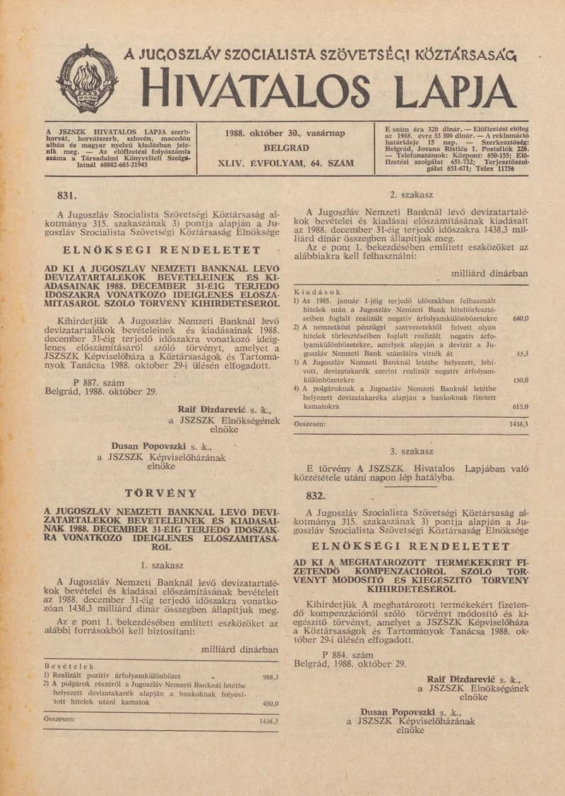 A Jugoszláv Szocialista Szövetségi Köztársaság Hivatalos Lapja, 44. évf. 1988. október 30. 64. sz. 1609–1616. oldal