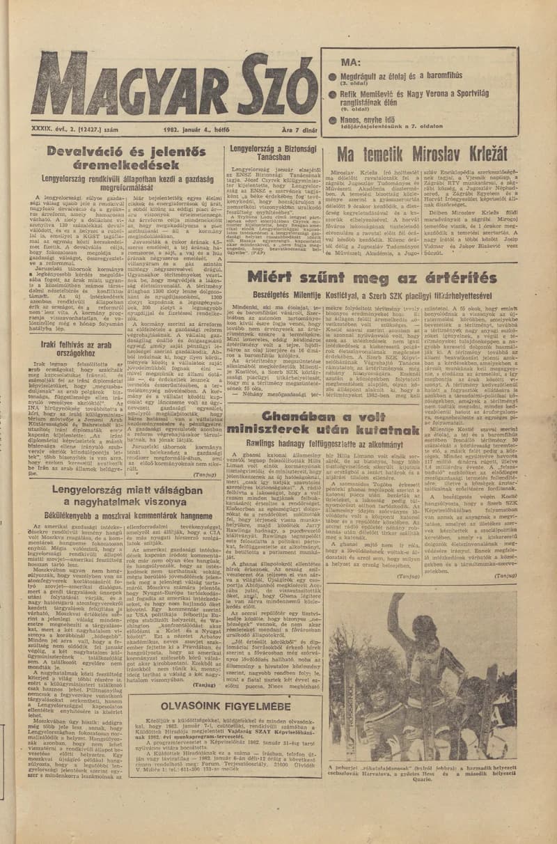 Magyar Szó, 39. évf. 1982. január 4. 2. sz. 1–8. oldal
