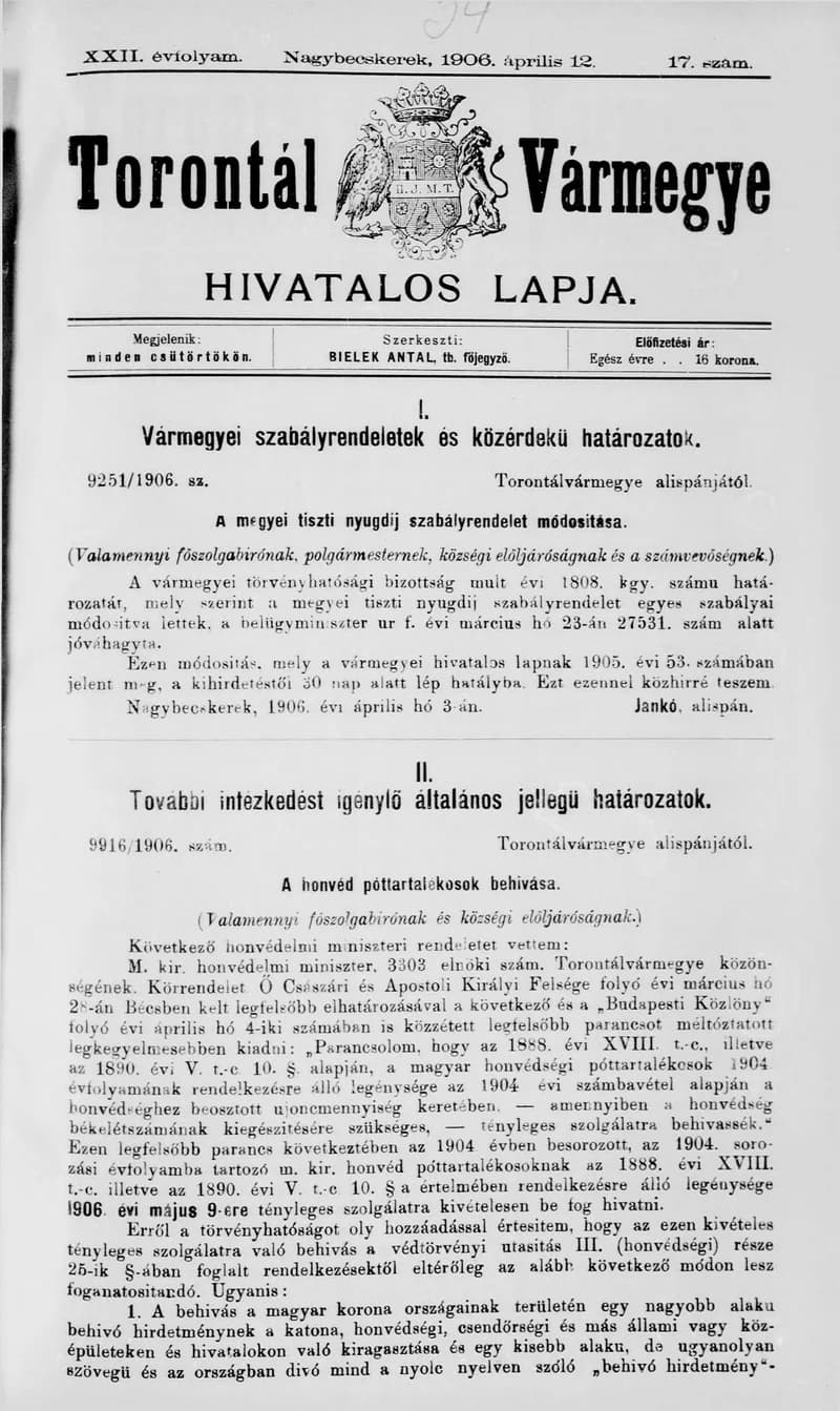 Torontál Vármegye Hivatalos Lapja, 22. évf. 1906. április 12. 17. sz.