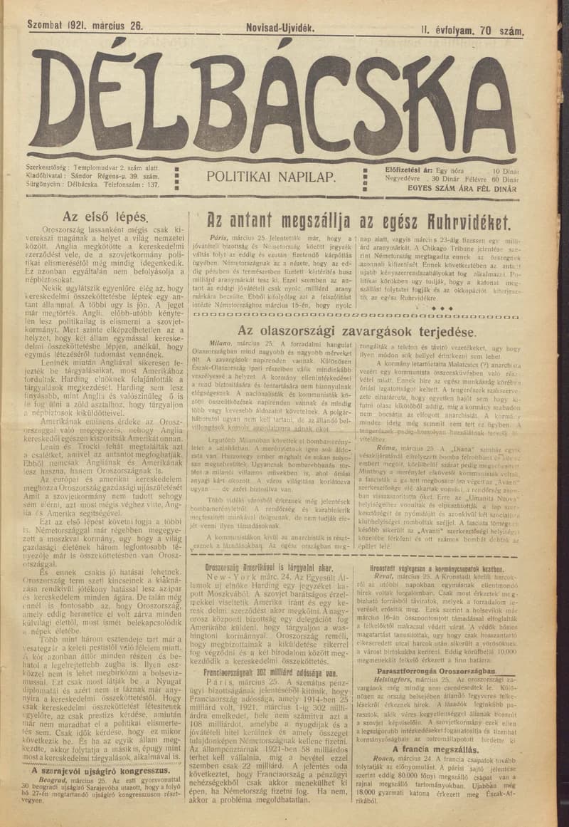 Délbácska, 2. évf. 1921. március 26. 70. sz.