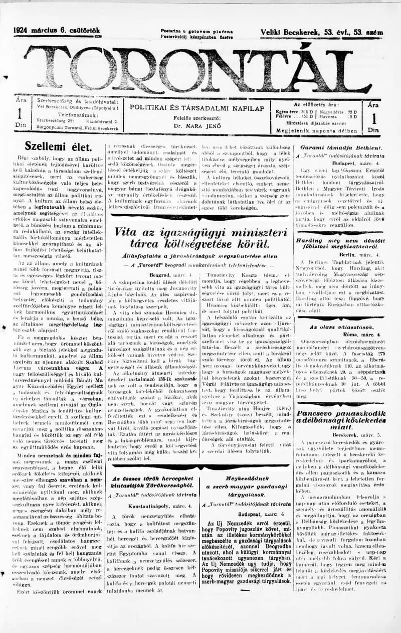 Torontál, 53. évf. 1924. március 6. 53. sz.