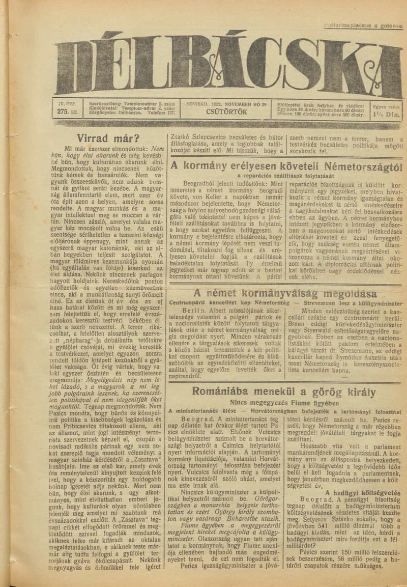 Délbácska, 4. évf. 1923. november 29. 275. sz.