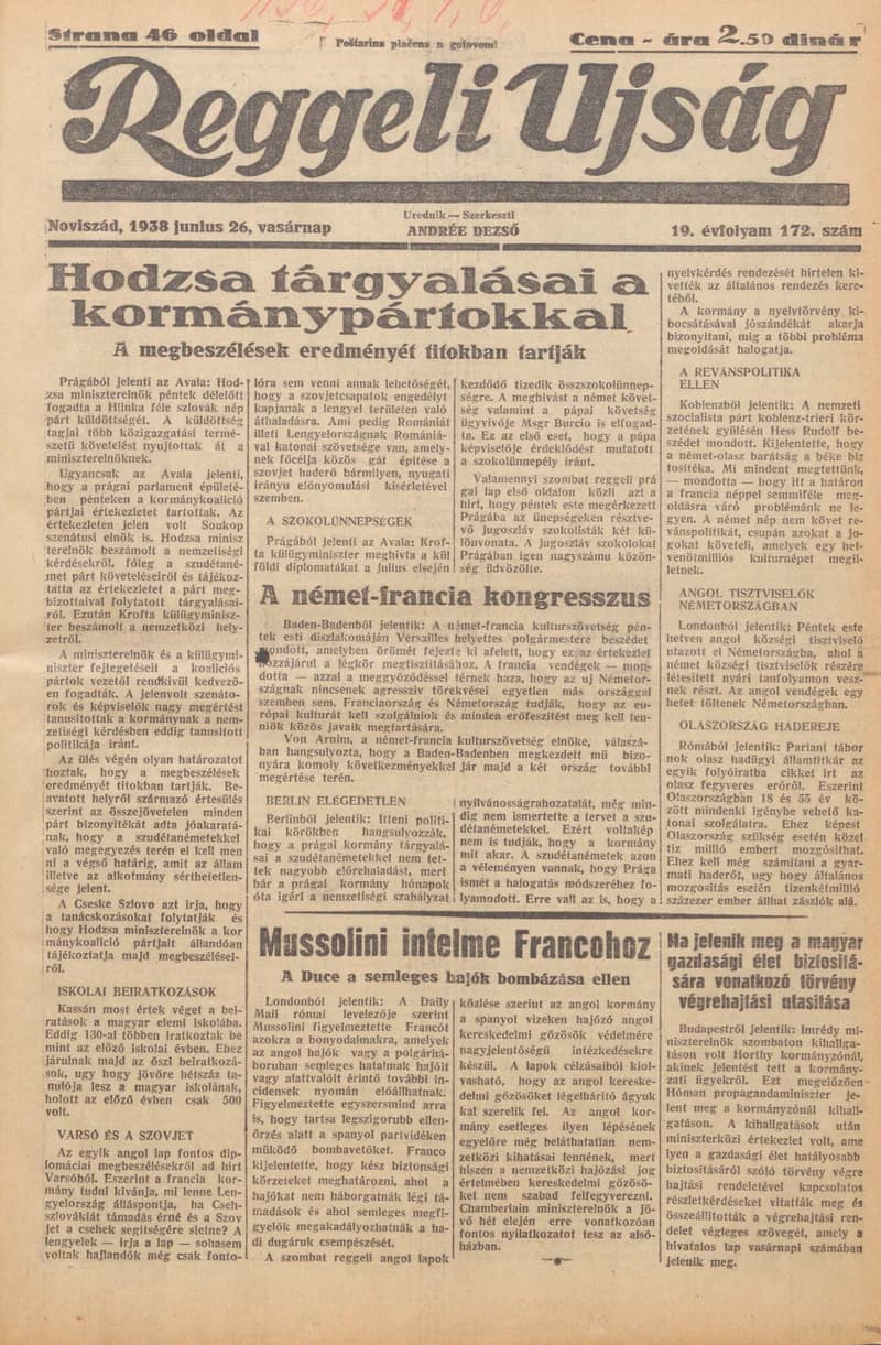 Reggeli Újság, 19. évf. 1938. június 26. 172. sz.
