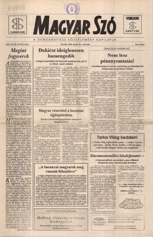 Magyar Szó, 53. évf. 1996. április 25. 98. sz. 1–16. oldal