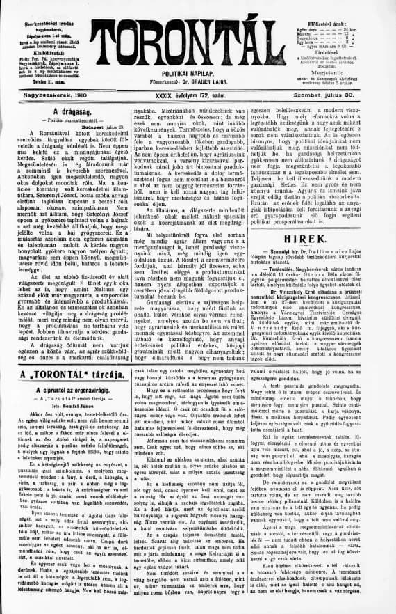 Torontál, 39. évf. 1910. július 30. 172. sz.