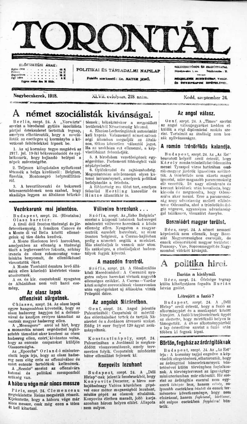 Torontál, 47. évf. 1918. szeptember 24. 218. sz.