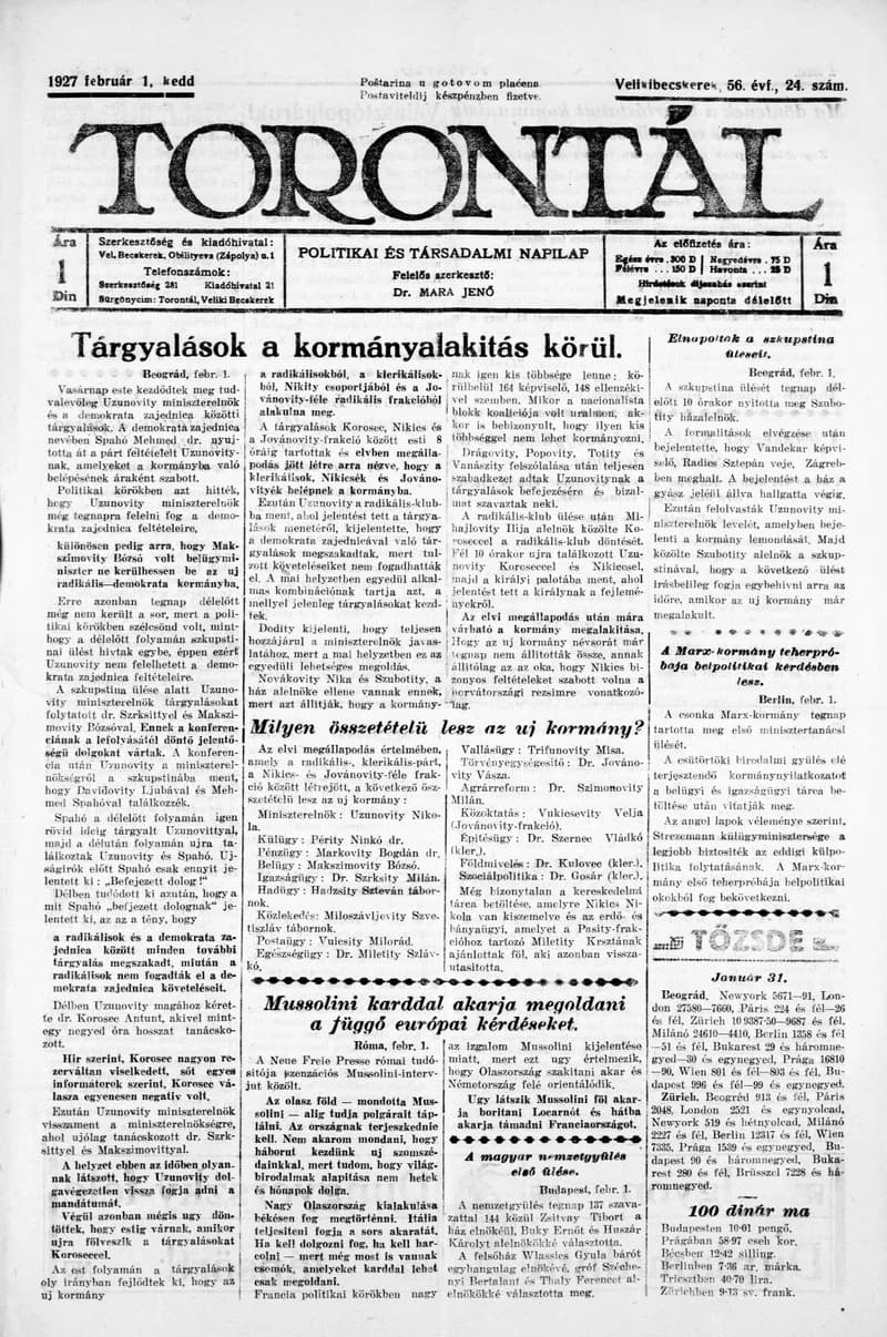 Torontál, 56. évf. 1927. február 1. 24. sz.