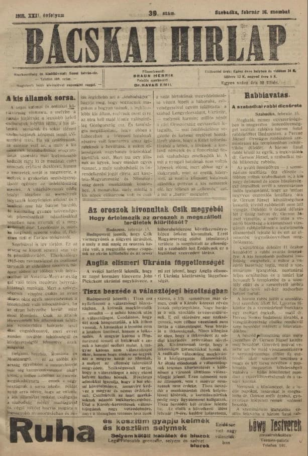 Bácskai Hirlap, 22. évf. 1918. február 16. 39. sz.