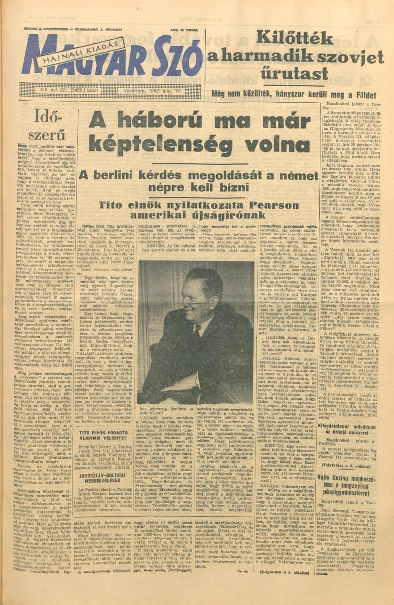 Magyar Szó, 19. évf. 1962. augusztus 12. 221. sz. 1–24. oldal
