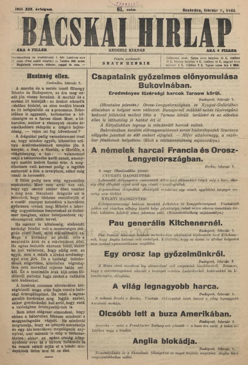 Bácskai Hirlap, 19. évf. 1915. február 9. 61. sz.