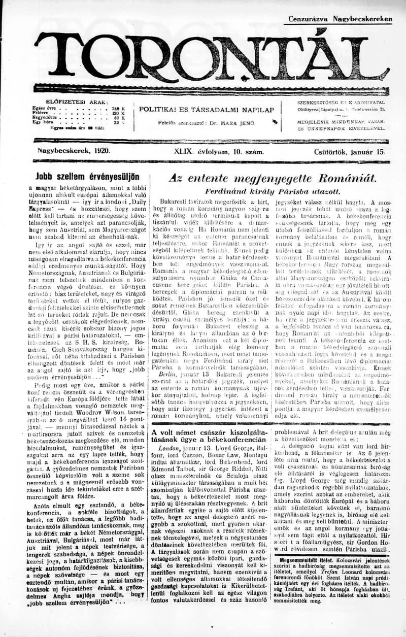 Torontál, 49. évf. 1920. január 15. 10. sz.