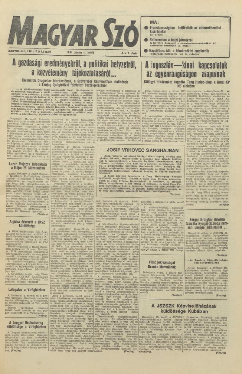 Magyar Szó, 38. évf. 1981. június 1. 148. sz.