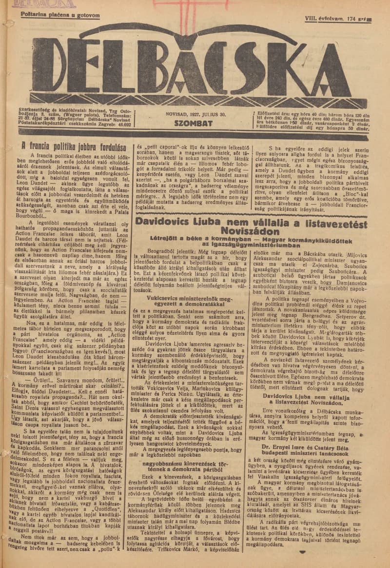 Délbácska, 8. évf. 1927. július 30. 174. sz.