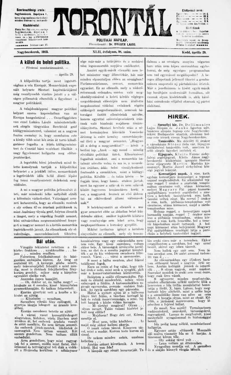 Torontál, 42. évf. 1913. április 29. 98. sz.