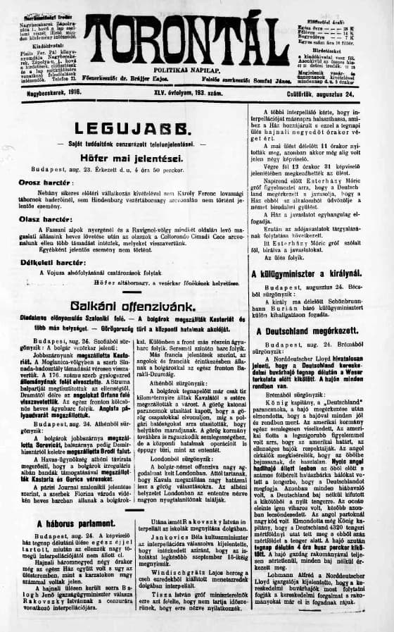 Torontál, 45. évf. 1916. augusztus 24. 193. sz.