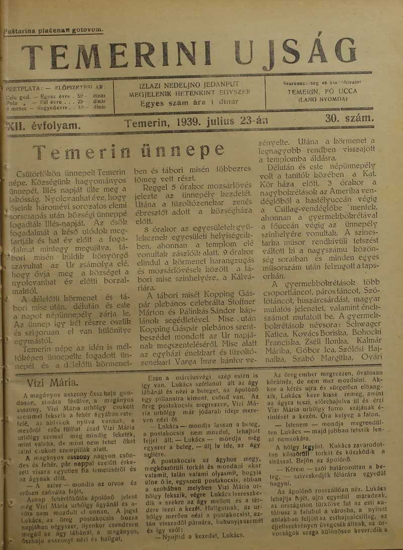 Temerini Újság 1928-1944, 12. évf. 1939. július 23. 30. sz.