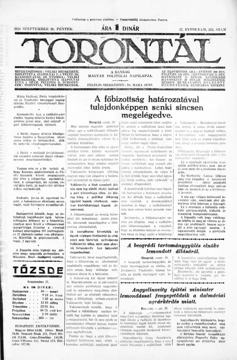 Torontál, 57. évf. 1928. szeptember 28. 225. sz.