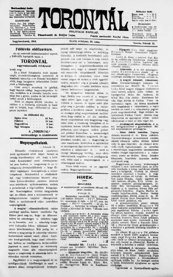 Torontál, 43. évf. 1914. február 11. 33. sz.