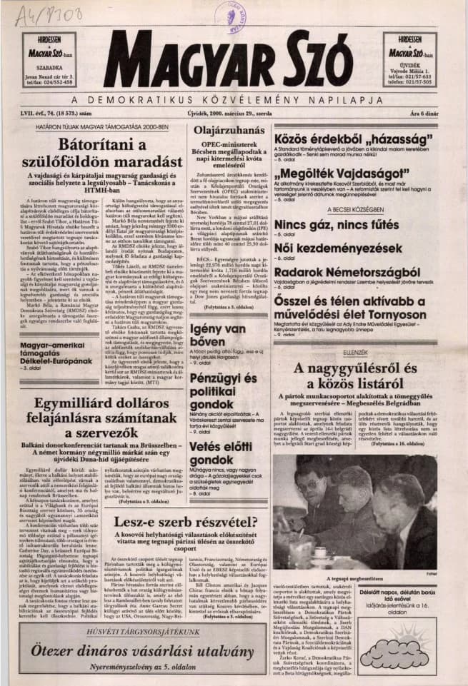 Magyar Szó, 57. évf. 2000. március 29. 74. sz. 1–16. oldal