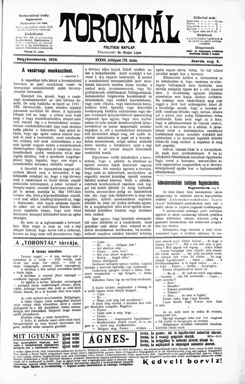 Torontál, 37. évf. 1908. augusztus 5. 178. sz.