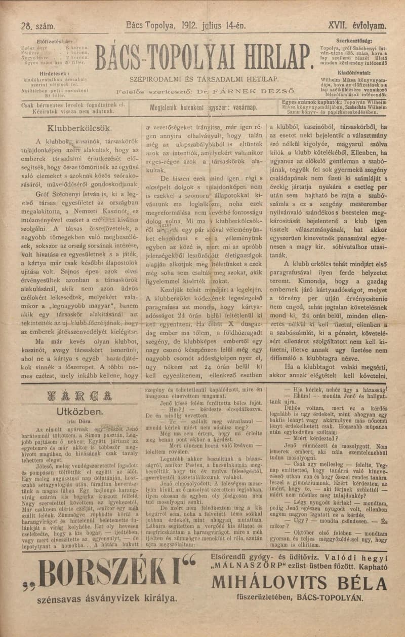 Bács-Topolyai Hirlap, 17. évf. 1912. július 14. 28. sz.