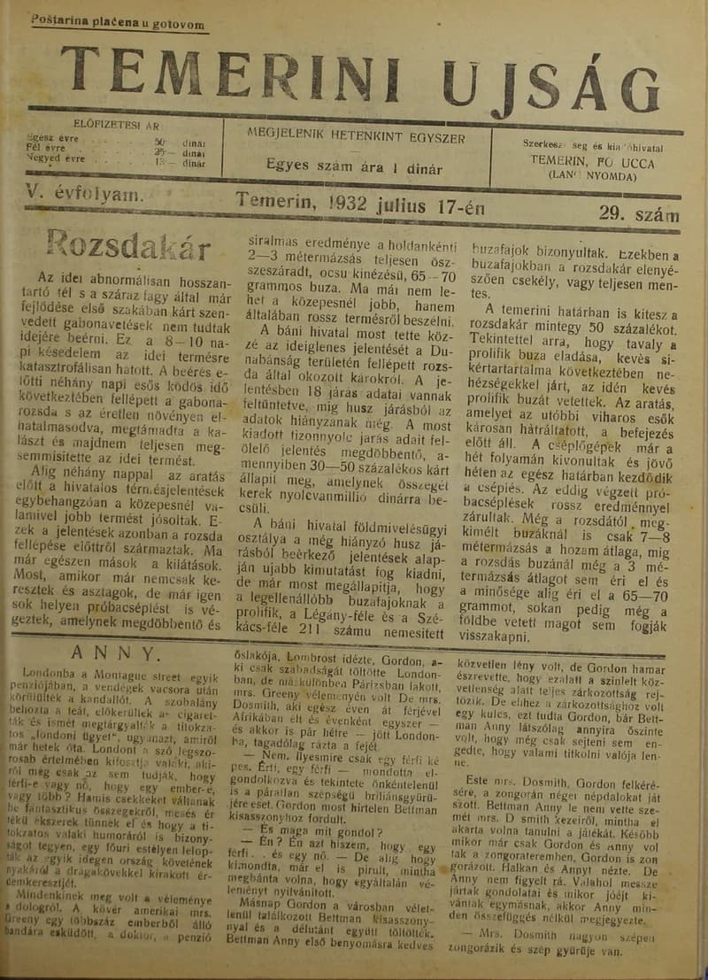 Temerini Újság 1928-1944, 5. évf. 1932. július 17. 29. sz.
