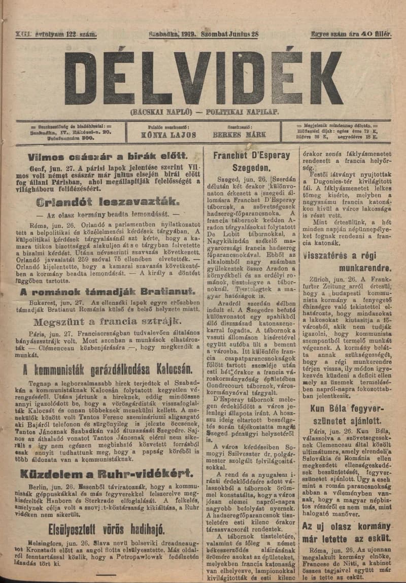 Délvidék, 13. évf. 1919. június 28. 122. sz.