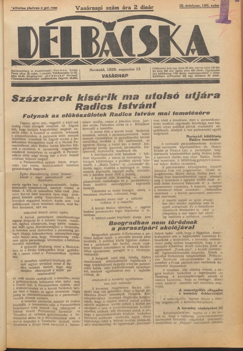 Délbácska, 9. évf. 1928. augusztus 12. 186. sz.